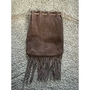 Vtg 1970's Dark Brown Suede Fringe Hobo Shoulder Bag Drawstring Pouch Festival